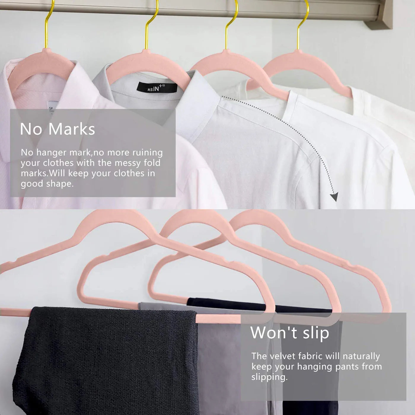 20 Pcs Pink Clothes Hanger New Gold Hook Non-slip Flocking Clothes Hanger Wardrobe Storage Artifact Adult Models